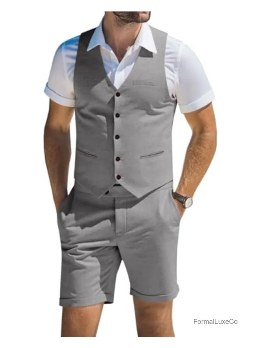 Men's Linen 2 Piece Suit Set Slim Fit Vest & Shorts Summer Wedding Beach Prom